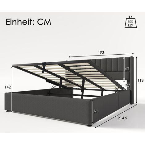 Letto Contenitore Letto Matrimoniale 180 x 200 cm con Apertura Idraulica e Testiera Imbottita, senza Materasso, Grigio (1/4)