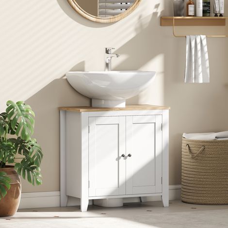 Meuble sous-lavabo en U avec étagère réglable à l'intérieur, en MDF, 60x30x60 cm, blanc et bois (1/5)
