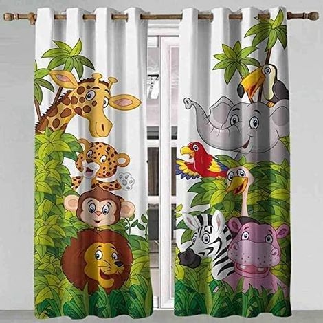 Animaux de la Jungle Lot de 2 Rideaux Occultants, Dessin animé Lion Girafe Hippopotame éléphant Rideau Thermique Isolant Anti Froid, 140x200, Rideau Occultant avec Œillets Rideau Fenetre - 140L X 200H (1/5)