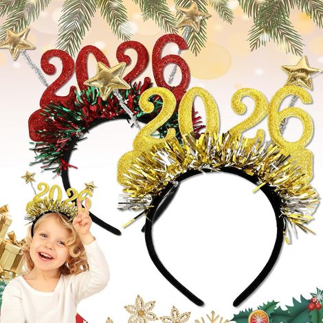 Amusant 2 Pièces Décoration 2026 - Bandeaux Pour Fête Et Vacances, Serre-Tête De Noël - Amusant 2 Pièces Décoration 2026, Accessoires Bandeaux de Pour Bonne Année 2026(Rouge/Or) (1/5)