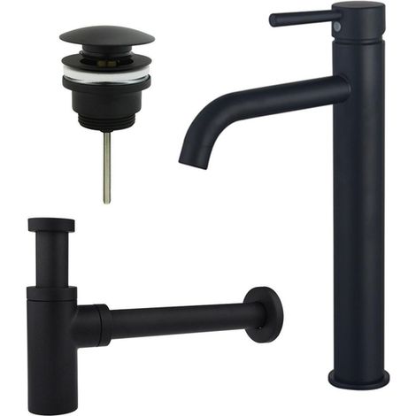 FugaFlow Eccelente Sobrado Kit mitigeur lavabo - robinet rehaussé - bonde clic clac - siphon design - Noir mat (1/4)
