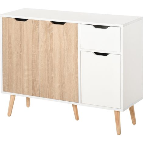 HOMCOM Buffet scandinave 2 placards tiroir coulissant pieds pin massif blanc chêne clair
