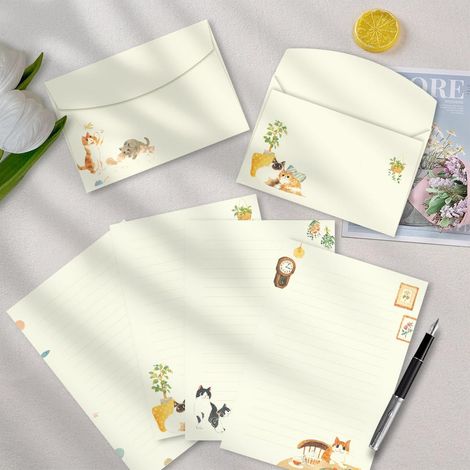 Ensemble de papeterie et enveloppes 72 pièces avec motif chat mignon - 21 x 14 cm - 48 feuilles lignées - 24 enveloppes - Idéal pour lettres, invitations et fêtes (1/5)