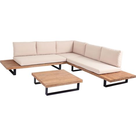 Set salotto giardino esterno salottino HHG-641 legno acacia alluminio marrone chiaro con cuscini beige