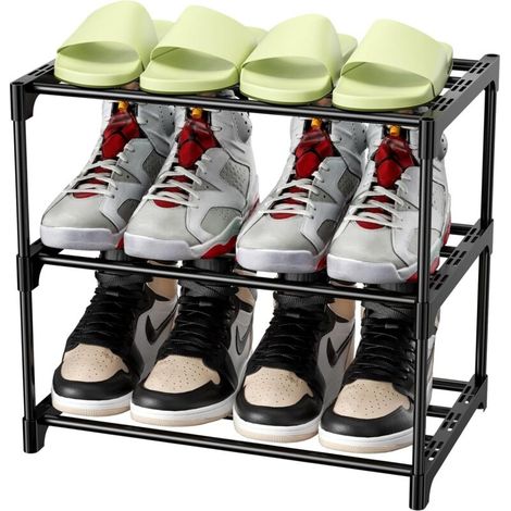 Zapatero de metal, zapatero de 3 niveles, ligero, apilable para 6 pares de zapatos, zapatero para pasillo, sala de estar, dormitorio, entrada (negro 4) (1/4)