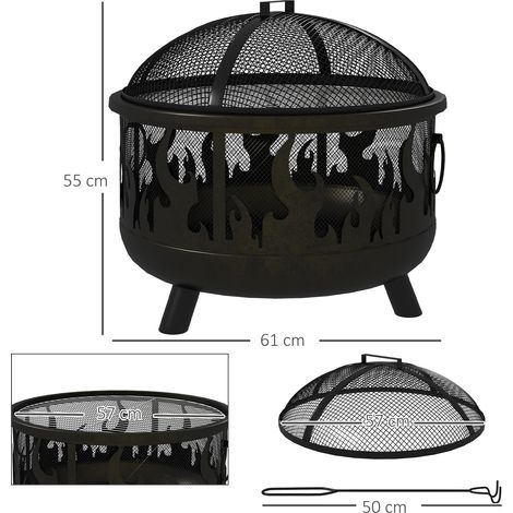Feuerschale Feuerstelle, inkl. Funkenschutz, 1 Schürhaken, Ø61,5 cm x 52 cm, Schwarz (1/5)