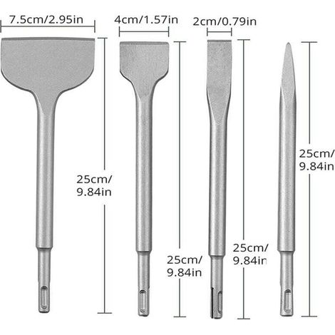 Set mit 4 Betonmeißeln und Bohrer für Schlagbohrmaschinen, bestehend aus einem Spitzmeißel und einem Flachmeißel (20 mm, 40 mm und 75 mm).