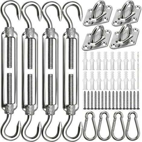 Kit de fixation pour voile d'ombrage – Matériel robuste en acier inoxydable M6 pour voiles d'ombrage triangulaires et carrées de jardin, comprend des crochets à ressort, des tendeurs, des supports (1/5)