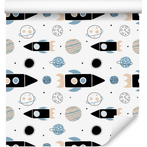Papel pintado de cohetes y planetas coloridos para salón y dormitorio, 50x1000 cm (1/5)