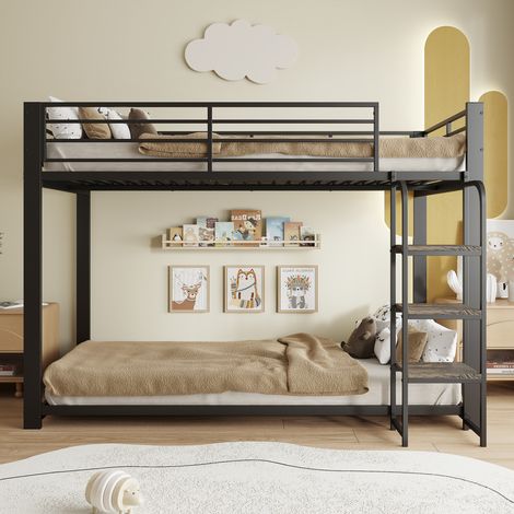Lit superposé métallique 90x200 cm avec étagère bois, couchage double solide pour enfant et ado, teinte noire (1/5)