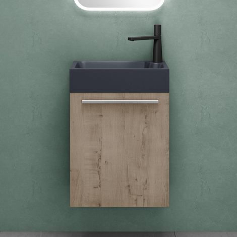 Mai & Mai Mobile Bagno Sospeso46x26x63cm in Rovere scuro, Set Mobile da Bagno Include Lavabo da Minerale fuso in Antracite opaco, Seria Pisa02 (1/5)