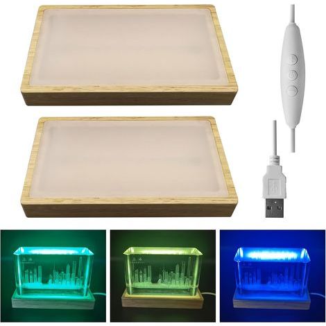 Base d'affichage en cristal réglable pour verre d'art, support en bois à intensité variable en 3 couleurs, base de lumière LED rectangulaire pour lumière d'art en verre de cristal 3D (multicolore, 2 (1/5)