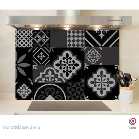 Fond de hotte : Carreaux ciment patchwork noir - Verre trempé - 60 cm - 45 cm (1/5)