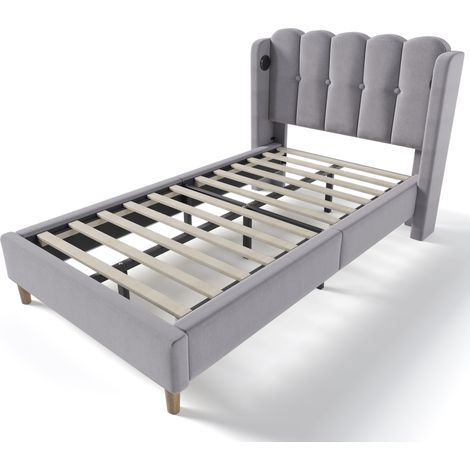 Cama tapizada individual 90 x 200 cm con puertos USB y USB-C, gris, con somier (1/5)
