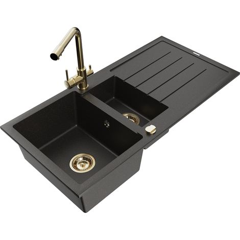 Mexen Andres 1,5-Becken-Granitspüle mit Abtropffläche und Mischbatterie Duero, Schwarz/Gold - 6515-75-671600-50