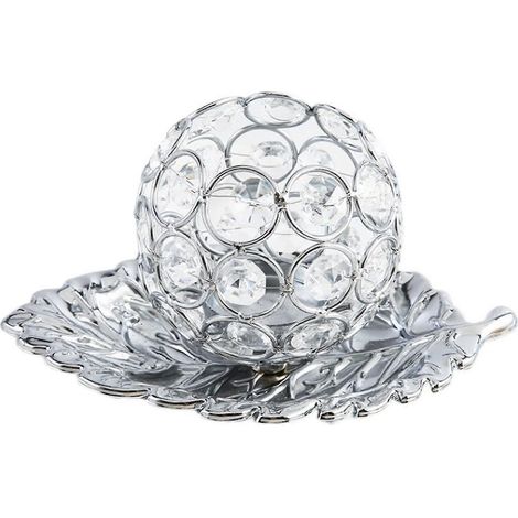 Porte-bougie chauffe-plat en métal avec plateau en forme de feuille et boule de cristal. Porte-bougie chauffe-plat décoratif (argenté). (1/3)