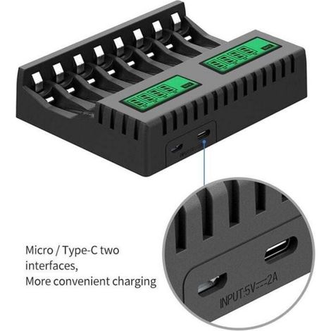 Chargeur De Batterie - Écran LCD - 8 Emplacements - Pour Piles AA AAA NiMH NiCd - 122 x 92 x 33 mm - Noir (1/4)