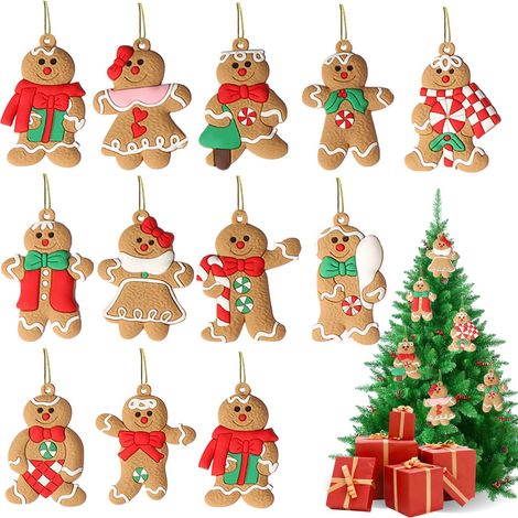 12 Pcs Christmas Tree Hanging Ornaments, Gingerbread Man Shape Pendants for Party Decoration, Craft Accessories (11 Pattern Styles) (1/5)