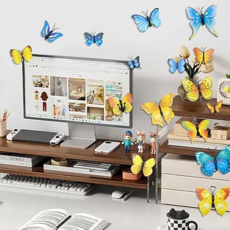 Lot de 24 stickers muraux papillons 3D, décoration papillons bleus et jaunes avec aimants et ruban adhésif double face en PVC, amovibles, pour chambre, salon, mariage, réfrigérateur (1/3)