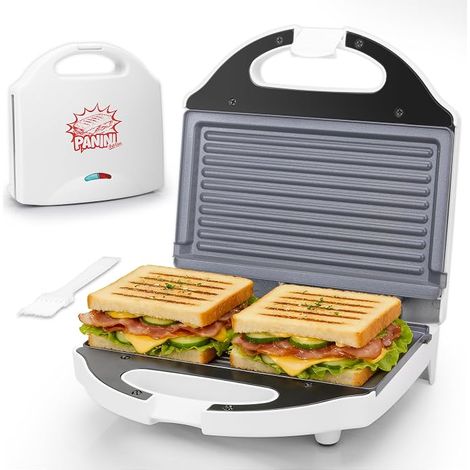 Mini Prensa para Sándwiches, Máquina para Paninis de Cerámica, Máquina Eléctrica para Paninis, Parrilla para Paninis para Asar Hamburguesas o 2 Sándwiches Simultáneamente (1/5)