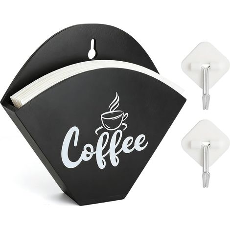 Wandmontierter Kaffeefilterhalter mit Haken, schwarzer Kaffeefilterhalter aus Holz für V60, bohrfreier Aufbewahrungsbehälter für Kaffeefilterpapier, 2-teiliger wandmontierter Kaffeefilterhalter (1/5)