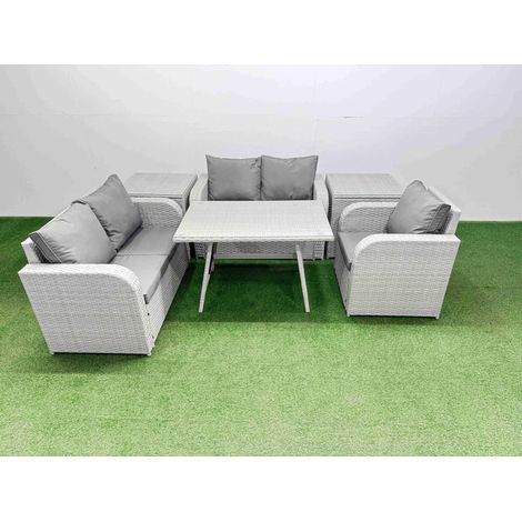 Fimous 5 Seater Outdoor Rattan Garden Furniture Set Love Sofa Reclining Chair Set with Rectangular Dining Table 2 Side Tables Light Grey (1/4)