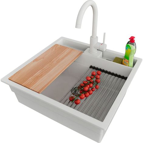 PRIMAGRAN Evier Sous Plan 56x54cm,Evier en Granit 1 bac + Robinet 32x20cm + Kit de Vidage + Accessoires, Évier au meuble 60cm - Bergen Pocket, Blanc