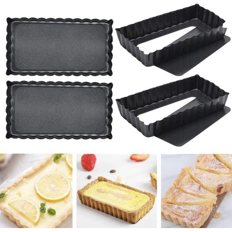 Tart Mould, Quiche Mould with Lifting Base, Rectangular Quiche Baking Mould, Fruit Cake Mould, Tartelette Moulds, Non-Stick Coating Pie Mould Baking Mould (Pack of 4 - 11.5 x 6 x 2 cm)