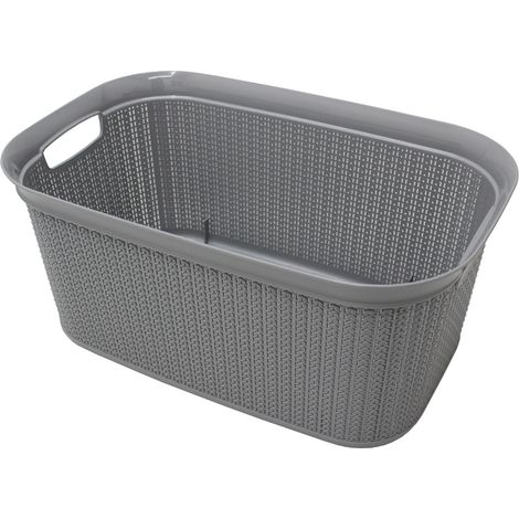 Knit Design Loop Plastic Rectangular Linen Washing Basket with Handles, Grey (1/3)