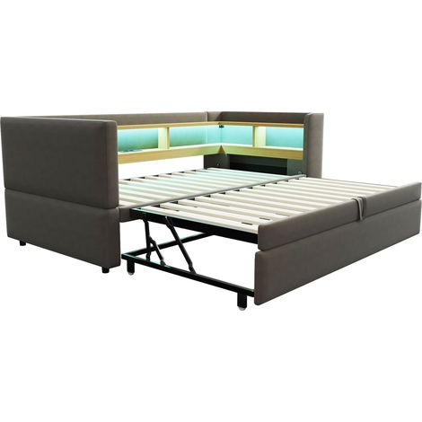 Lit banquette extensible 90/180 x 190 cm avec LED, prises et rangements, gris foncé HOMVRA (1/5)