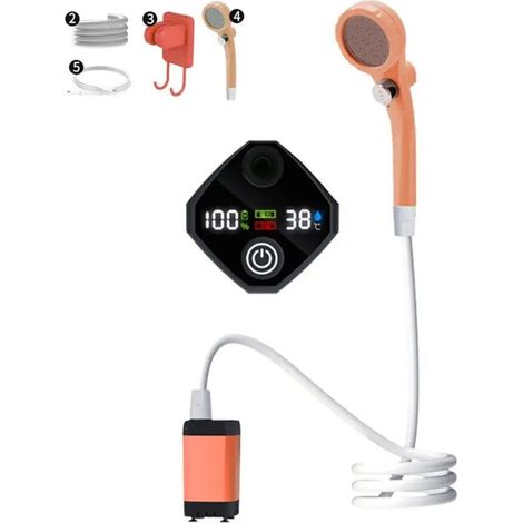 Pompe de douche électrique portable rechargeable (Orange 6000 mAh) pour camping en extérieur avec affichage numérique intelligent