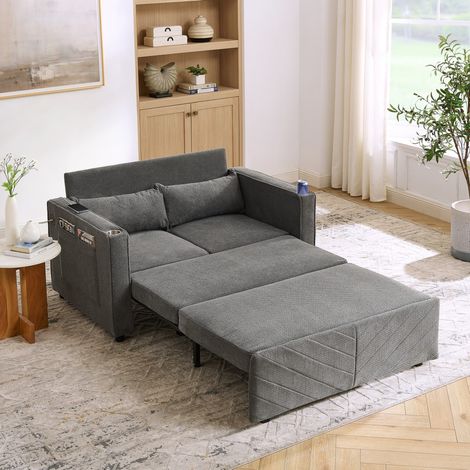 Sofá convertible de 2 plazas 3 en 1 - Diseño moderno «Slide-to-Transform» naranja con cargador USB integrado - Terciopelo gris oscuro (1/5)