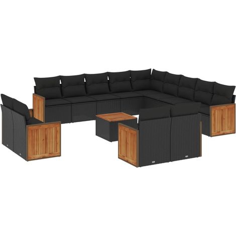 Salon de jardin avec coussins 14 pcs noir résine tressée (1/5)