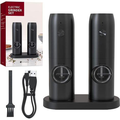 Moulin à poivre électrique (lot de 2) - mouture réglable, lumière LED, avec socle et brosse pour la cuisine et le barbecue-AquaForge (1/5)