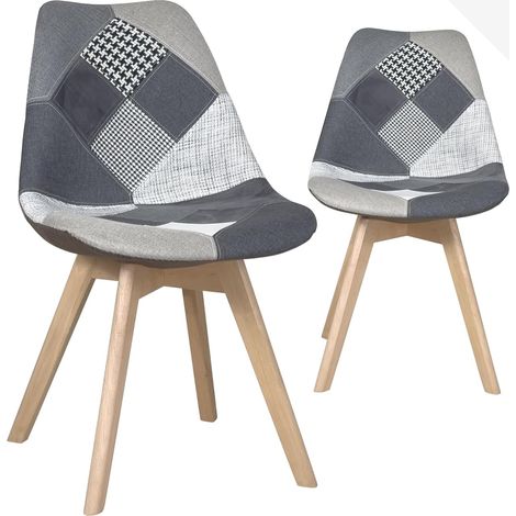 Ensemble de 2 chaises scandinaves laotiennes patchwork pour salle à manger ou cuisine (patch gris) (1/5)