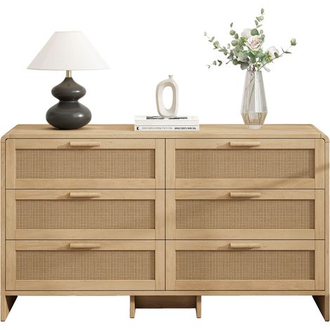 Kommode mit 6 Schubladen, Abgerundete Ecken, Rattan-Design Natur, aus Spanplatte, 130×40×80 cm, Natur (1/5)