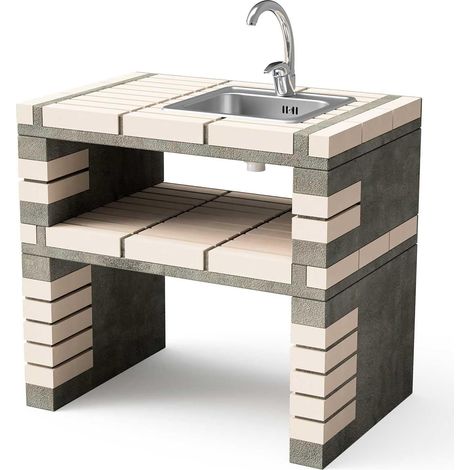 MOVELAR - Módulo de lavabo y grifo con soporte lateral Californi Plus para Barbacoa de Obra Prefabricada (Beige, Gris - 86,5 x 58 x 58 cm) - Uso en Exteriores (1/2)