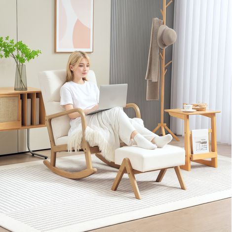MEUBLIV Schaukelstuhl mit Hocker 65 x 96 x 94,5 cm Creme – 150 kg (1/5)
