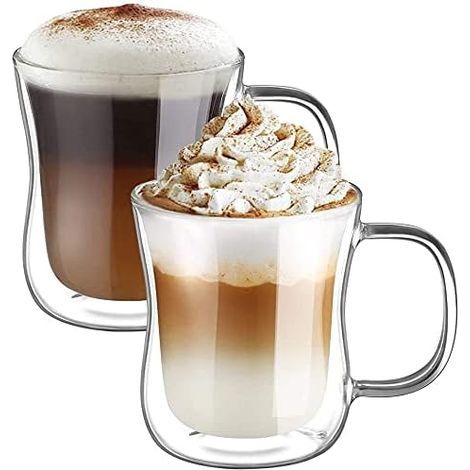 Deux tasses à café en verre à double paroi de 350 ml avec poignées. en verre résistant. convenant au service du café et du thé. (1/5)