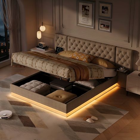 Syeklaoo Lit Double Rembourré avec Éclairage LED et Ports USB, Lit Coffre avec Stockage Hydraulique,lit 2 Personnes avec 2 étagères en Bois,Lin - Beige - 140x200cm (1/5)