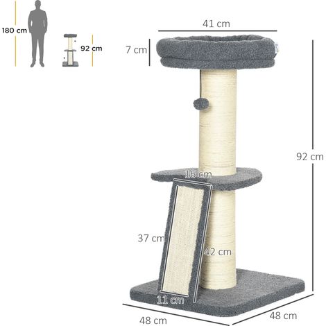 Arbre à chat gris foncé et blanc crème avec plateforme, balle suspendue, sisal, dimensions 48 x 48 x 92 cm, pour chatons et adultes (1/5)