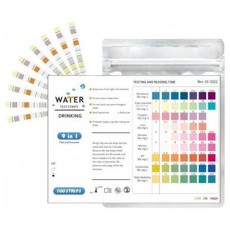 BUNTHAUS Lot de 100 Bandelettes Test Eau Aquarium 9 en 1, Test Aquarium Eau Douce et Eau Salée, Kit Test Nitrite Nitrate pH GH KH Chlore Cuivre Fer avec Tube et Thermomètre (1/5)