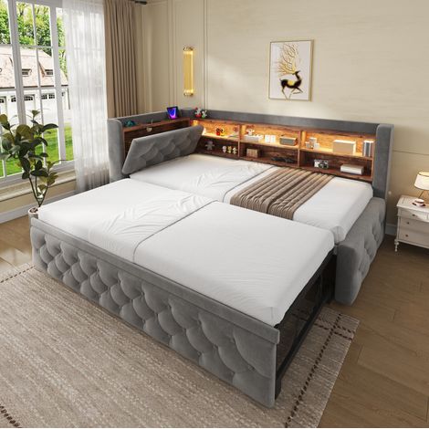 Lit banquette 90x190 cm, convertible avec rangement et LED, en velours, gris foncé (1/5)