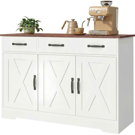 Buffet de cuisine, meuble de rangement avec 3 portes coulissantes de style grange, 2 tiroirs et étagères réglables, 108 x 40 x 81 cm, blanc