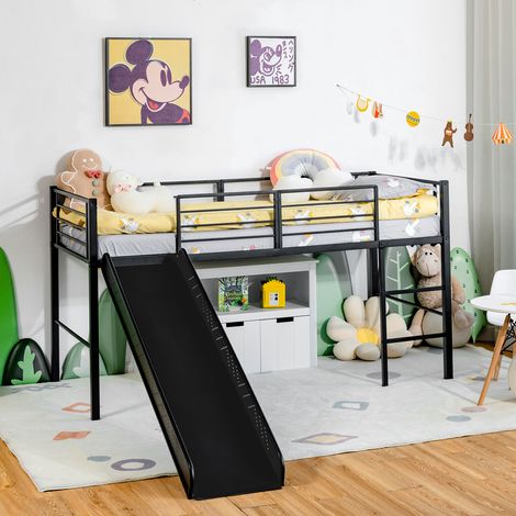 COSTWAY 96CM Kids Low Loft Bed Frame Single Size Steel Bed Mid Sleeper w/Ladder & Slide (1/5)