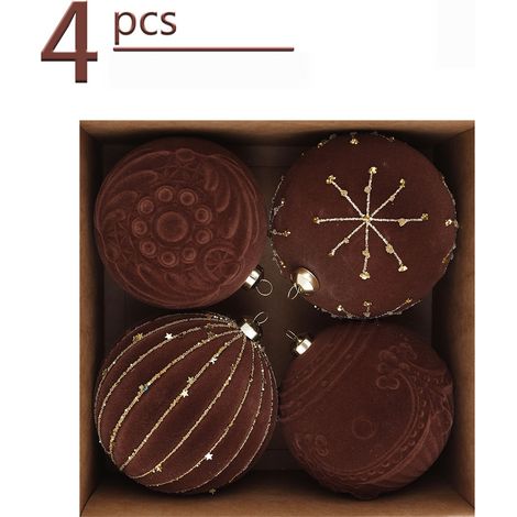 Boules de Noël velours marron 10 cm, coffret 4 pièces, ornements sapin reliefs et fils dorés (1/5)