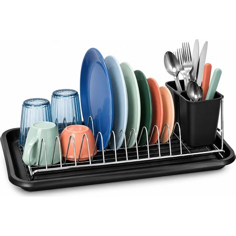 Relaxdays dish drainer, cutlery basket, drip tray, H x W x D: 13 x 43 x 23 cm, 12-plate dish rack, black/silver (1/5)