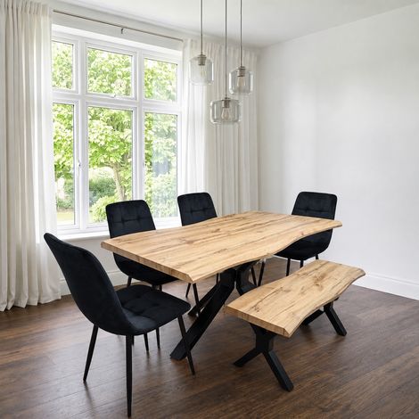 Wooden Dining Table with Bench and 4 Black Velvet Chairs, Stylish Dining Room Furniture