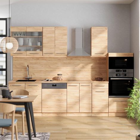 Cuisine Fame-Line, Chêne de force doré, 300cm avec armoire haute, PT Chêne, Vicco