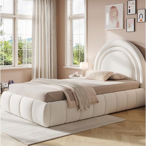 Lit simple enfant capitonné beige en velours 90x200 cm avec tête de lit, sommier à lattes et coffre hydraulique (1/5)